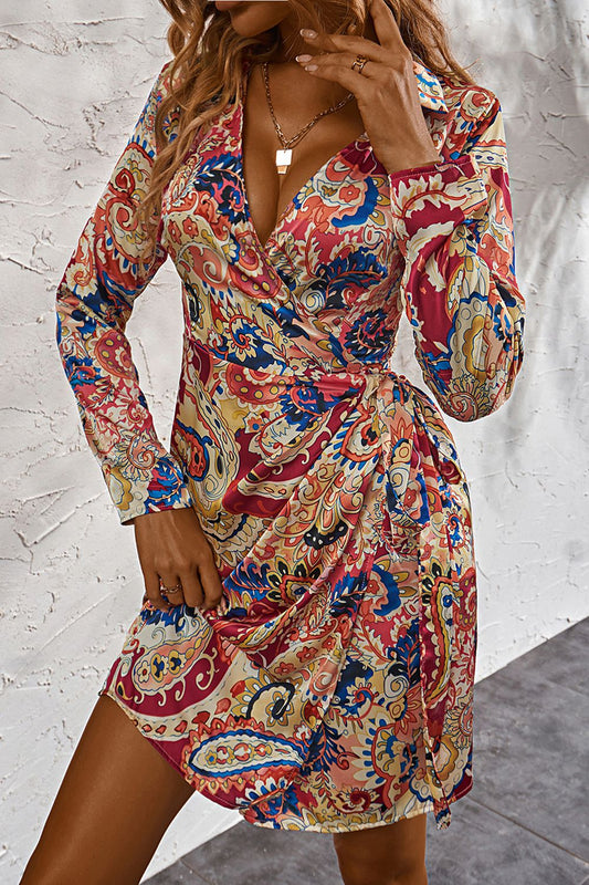 Printed Surplice Neck Long Sleeve Mini Dress-Angel Casuals