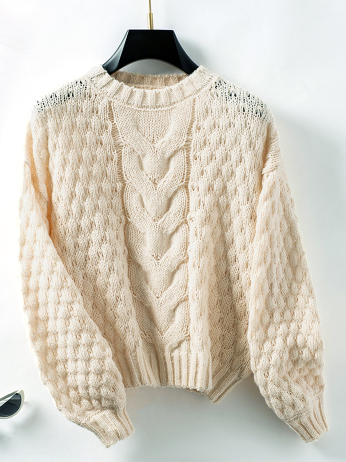 Cable-Knit Round Neck Long Sleeve Sweater-Angel Casuals