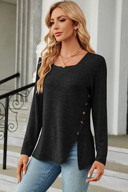 Slit Decorative Button Square Neck T-Shirt-Angel Casuals