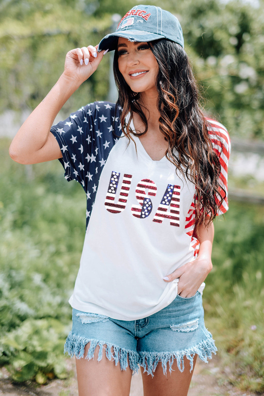 USA V-Neck Short Sleeve T-Shirt-Angel Casuals