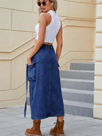 Slit Pocketed High Waist Denim Skirt-Angel Casuals