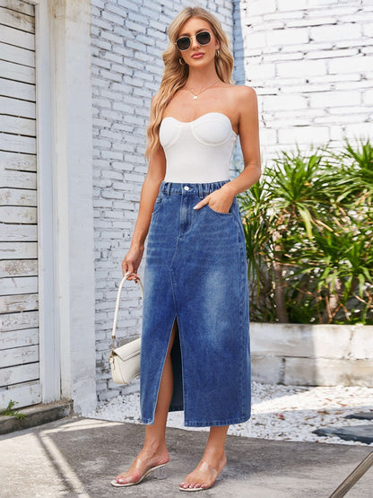 Slit Midi Denim Skirt with Pockets-Angel Casuals