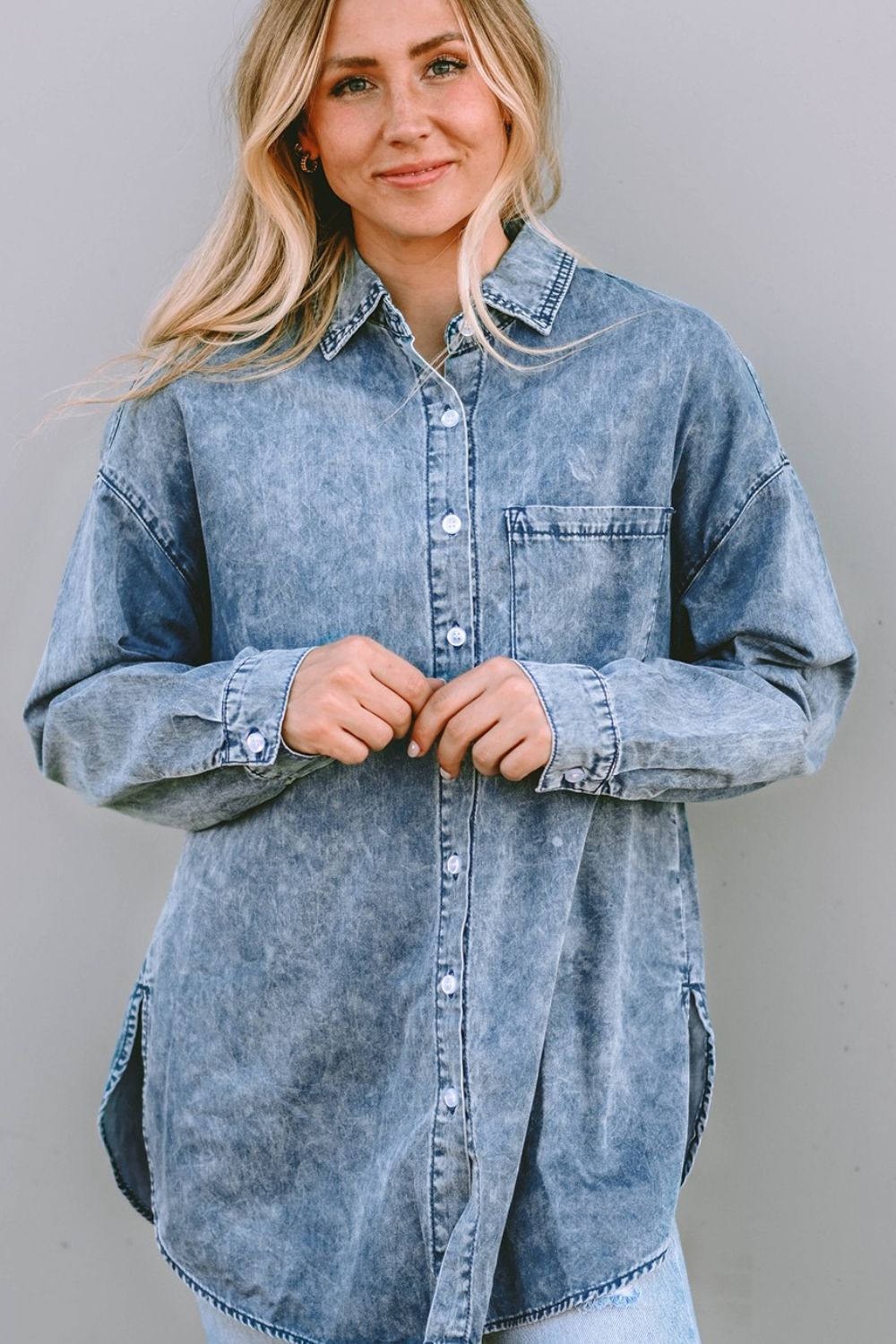 Button Up Dropped Shoulder Denim Top-Angel Casuals