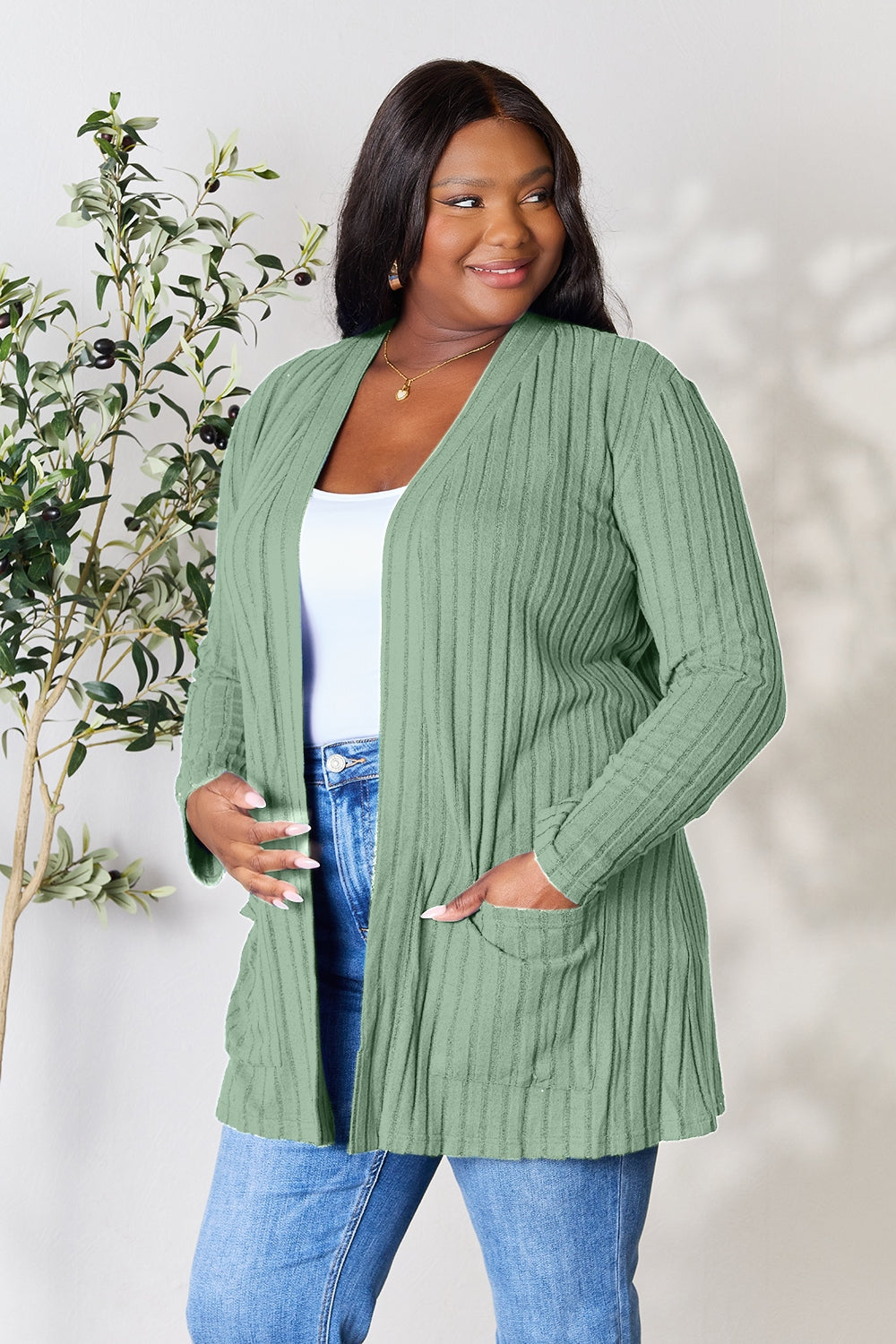 Basic Bae Full Size Ribbed Open Front Cardigan with Pockets-Angel Casuals