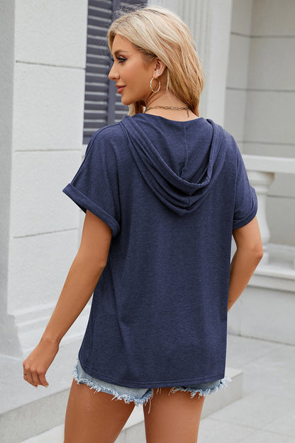 Half Button Drawstring Short Sleeve Hooded T-Shirt-Angel Casuals