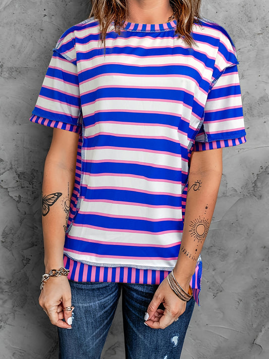 Full Size Contrast Stitching Striped Round Neck T-Shirt-Angel Casuals