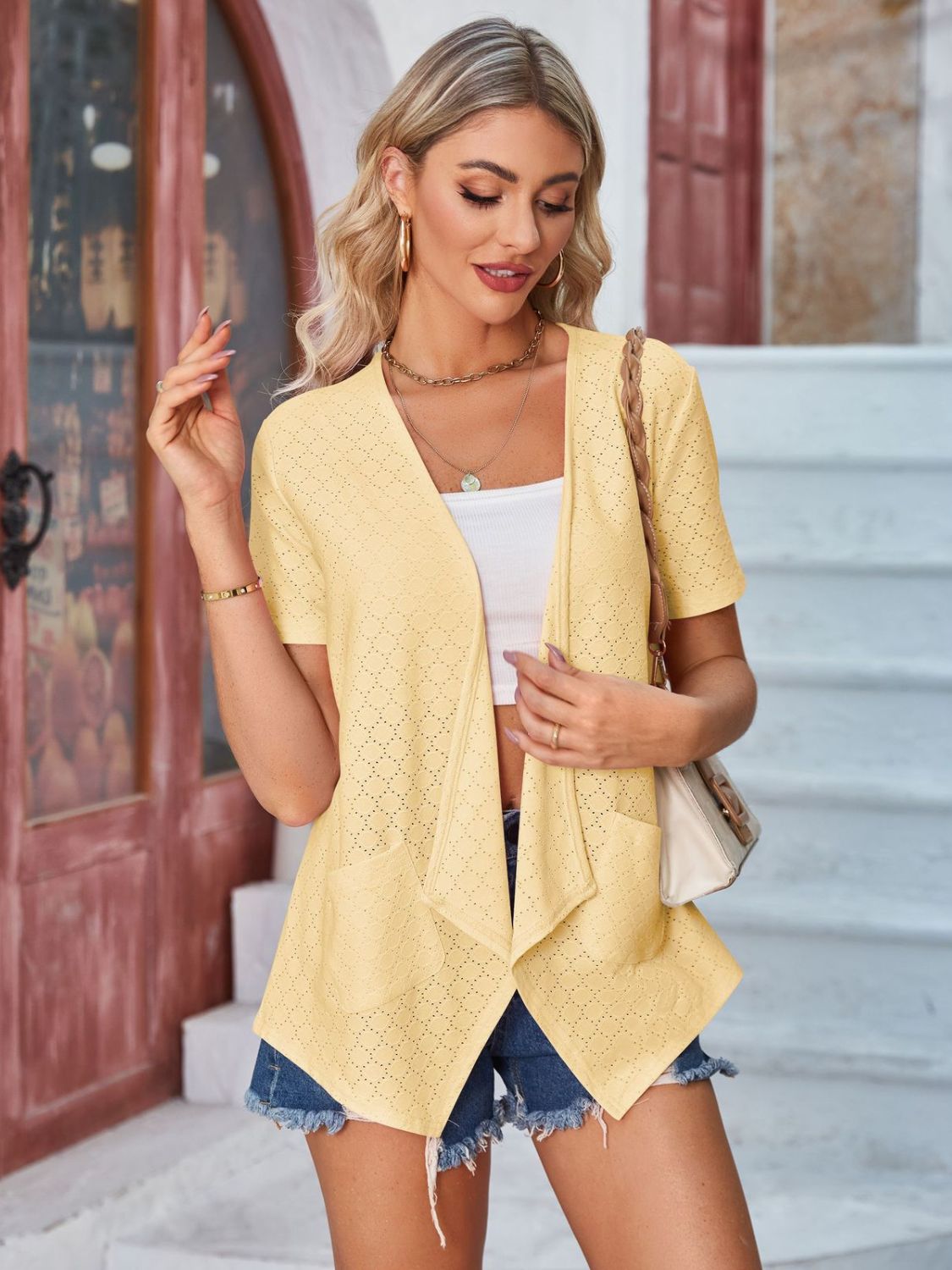 Eyelet Open Front Short Sleeve Cover Up-Angel Casuals