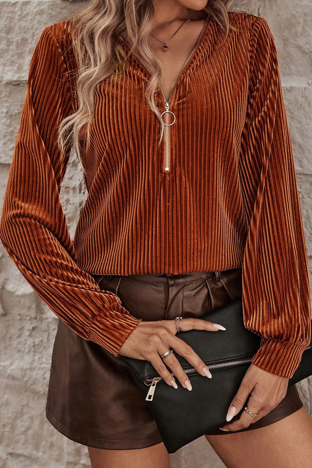 Ribbed Zip Up Long Sleeve T-Shirt-Angel Casuals
