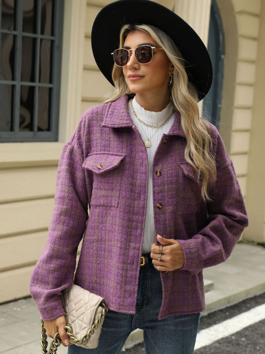 Plaid Collared Neck Long Sleeve Jacket-Angel Casuals