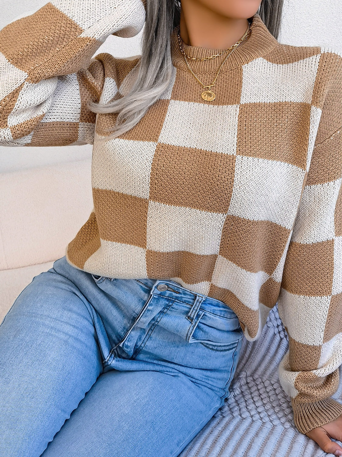 Checkered Mock Neck Long Sleeve Sweater-Angel Casuals