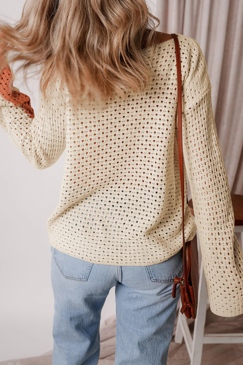 Openwork Color Block Long Sleeve Knit Top-Angel Casuals