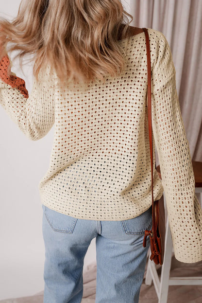 Openwork Color Block Long Sleeve Knit Top-Angel Casuals