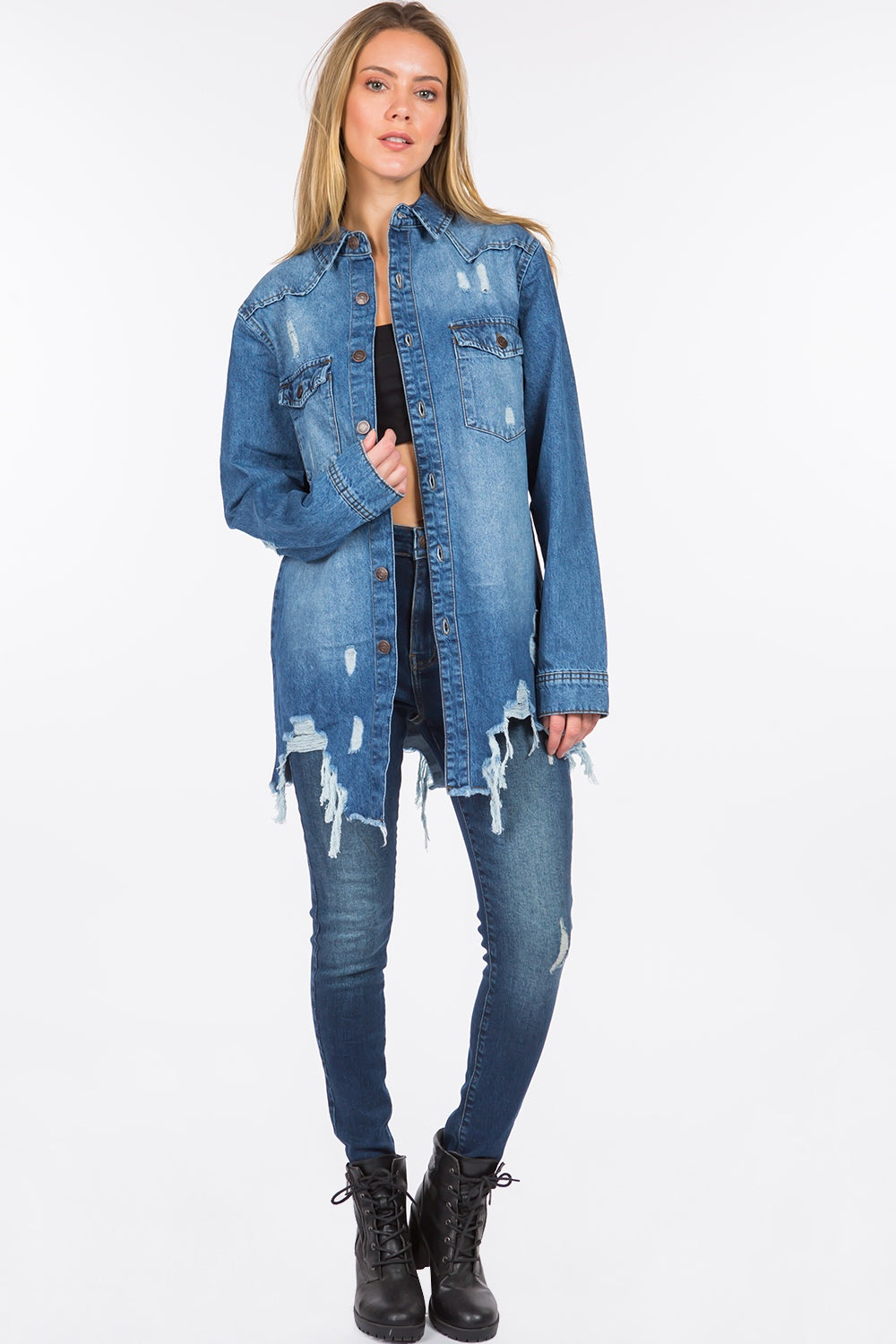 American Bazi Distressed Frayed Hem Denim Jacket-Angel Casuals