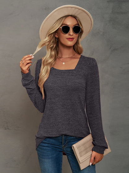 Heathered Square Neck Long Sleeve T-Shirt-Angel Casuals