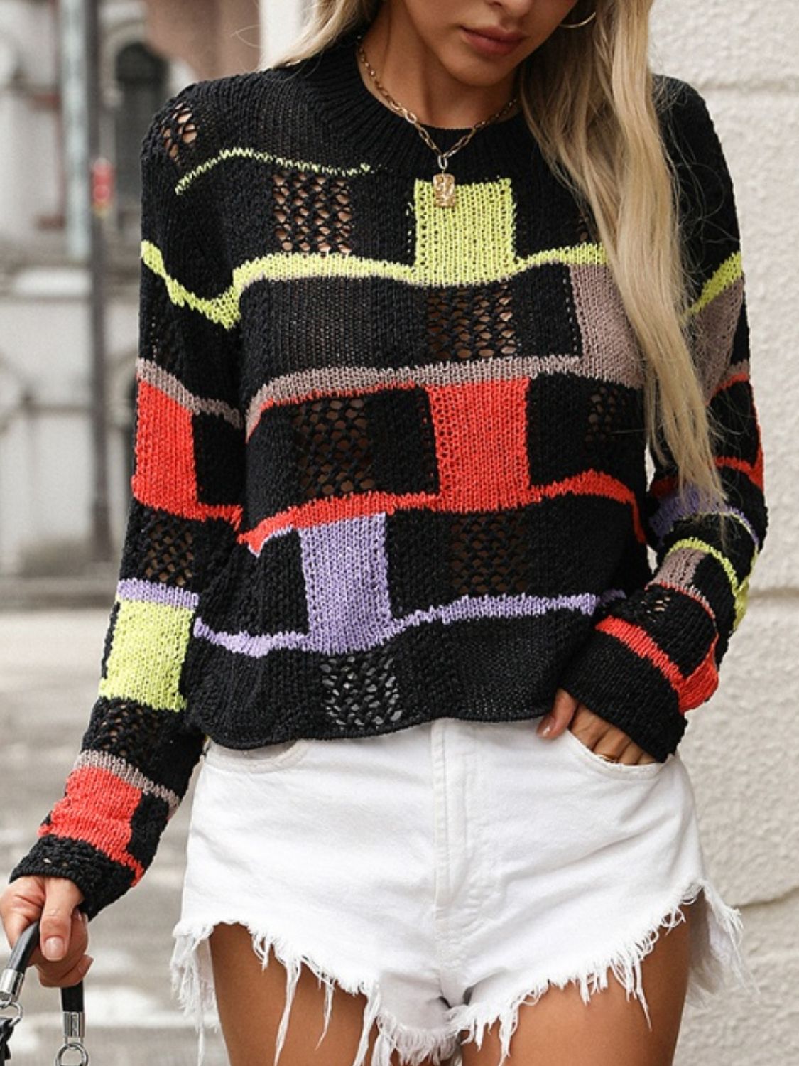 Openwork Color Block Round Neck Sweater-Angel Casuals