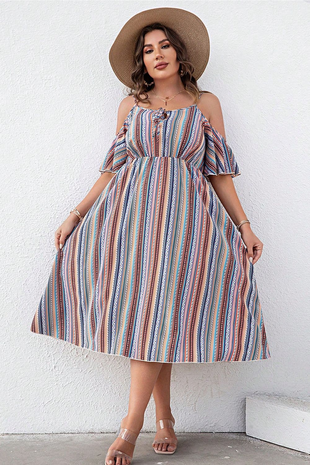 Plus Size Striped Cold-Shoulder Dress-Angel Casuals