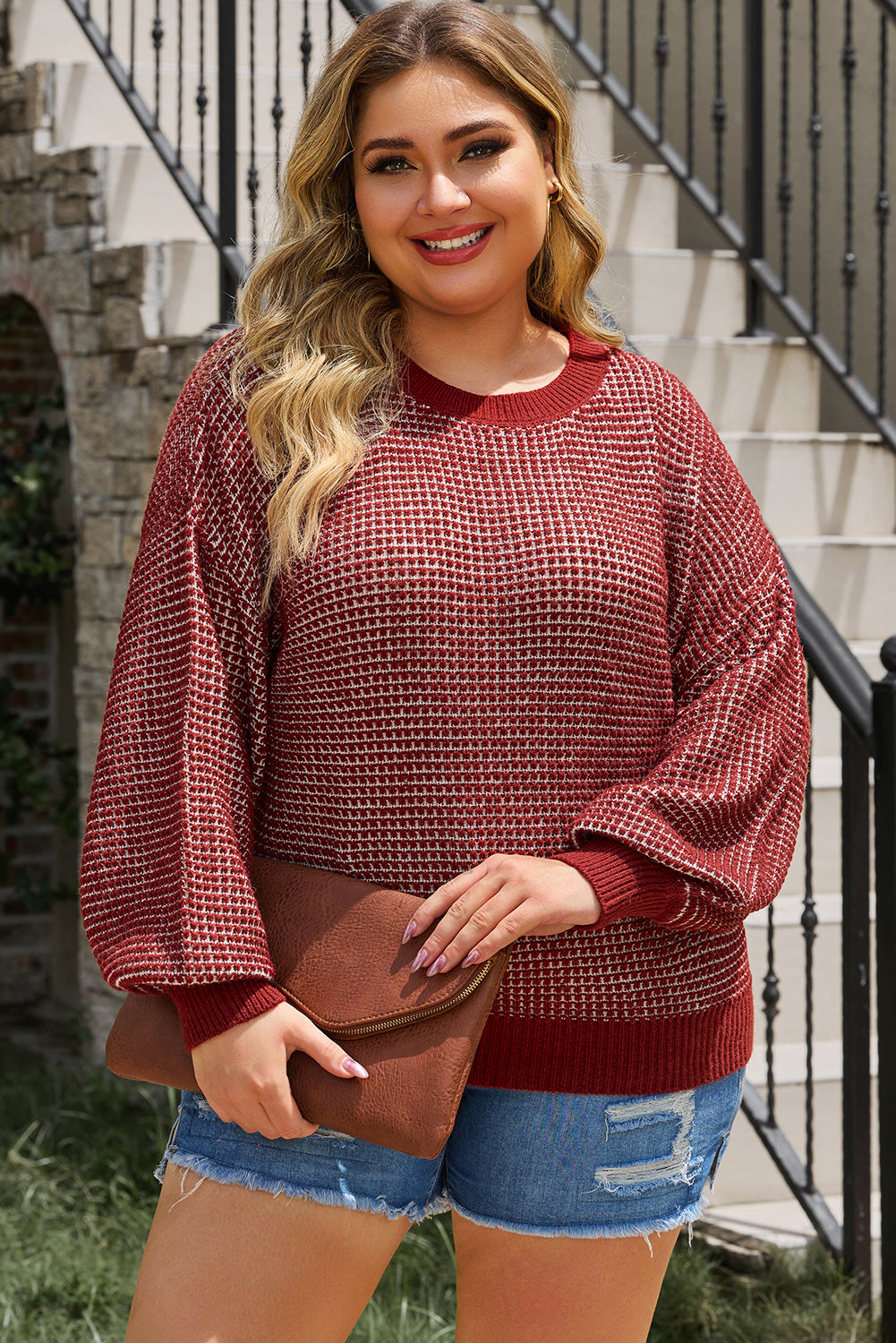 Plus Size Waffle-Knit Round Neck Dropped Shoulder Sweater-Angel Casuals