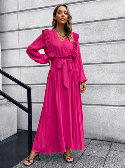 Pleated Surplice Tie Waist Maxi Dress-Angel Casuals