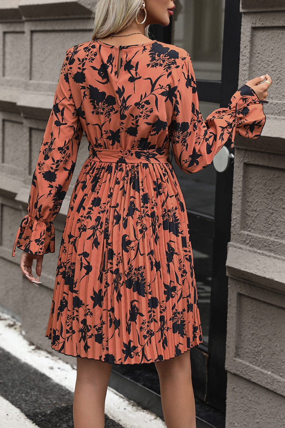 Tie-Waist Printed Pleated Mini Dress-Angel Casuals