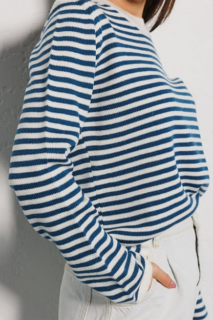 Striped Round Neck Long Sleeve Sweater-Angel Casuals