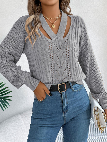 Cutout V-Neck Long Sleeve Sweater-Angel Casuals