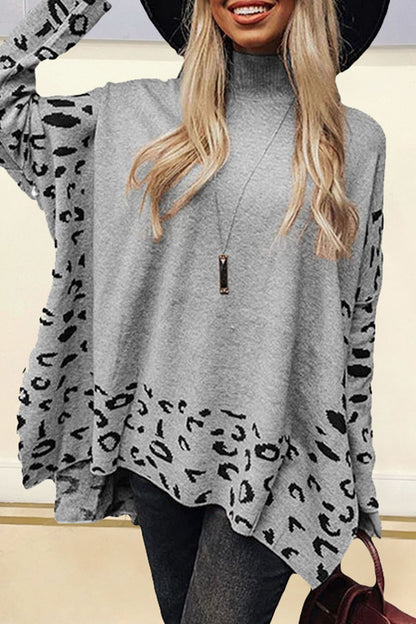 Slit Leopard Mock Neck Dropped Shoulder Sweater-Angel Casuals