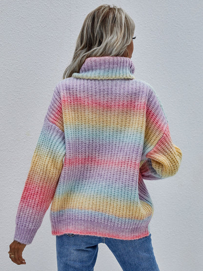 Rainbow Rib-Knit Turtleneck Drop Shoulder Sweater-Angel Casuals