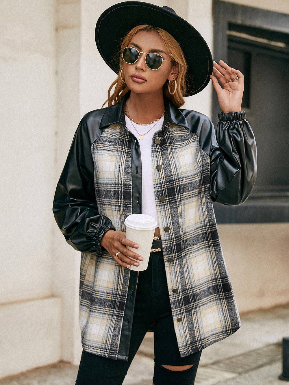 Plaid Button Down Raglan Sleeve Jacket-Angel Casuals