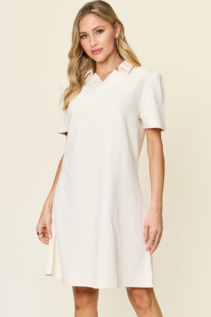 Double Take Full Size Texture Collared Neck Short Sleeve Dress-Angel Casuals