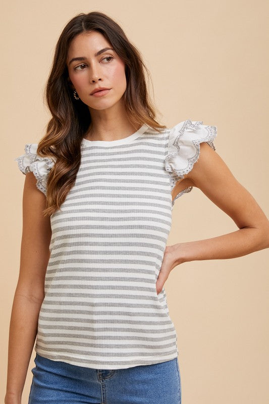 Annie Wear Ruffled Striped Round Neck Cap Sleeve Knit Top-Angel Casuals