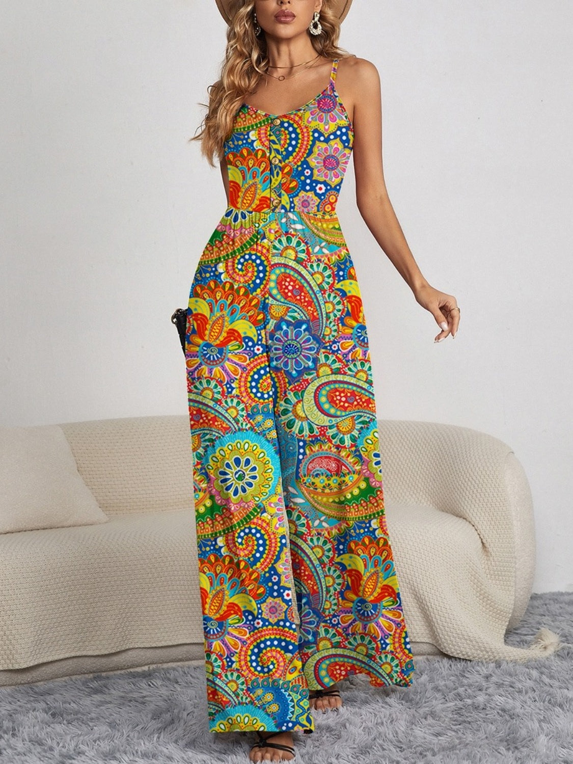 Decorative Button Spaghetti Strap Wide Leg Jumpsuit-Angel Casuals