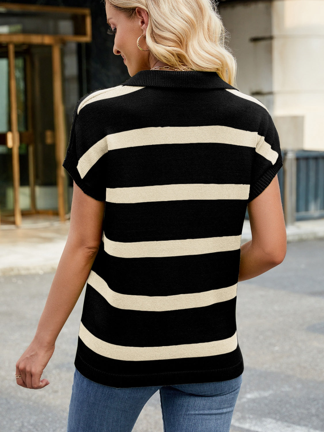 Striped Johnny Collar Cap Sleeve Sweater-Angel Casuals