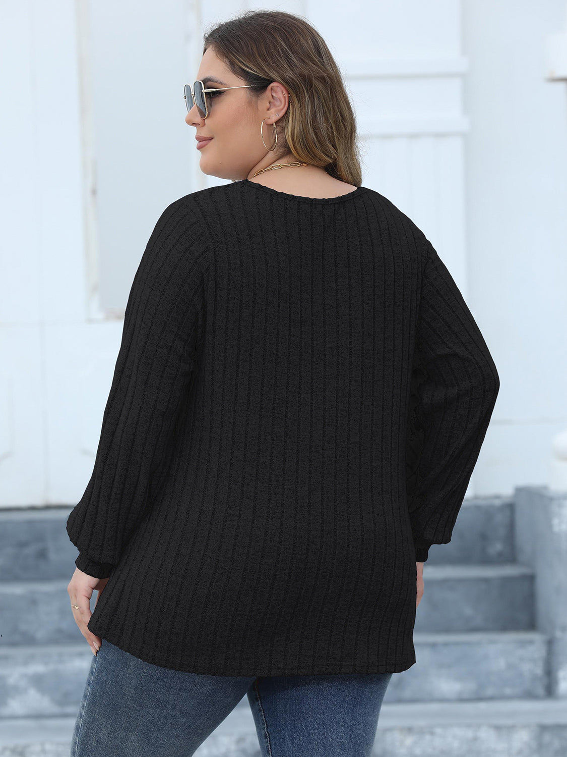 Plus Size Ribbed V-Neck Long Sleeve Top-Angel Casuals