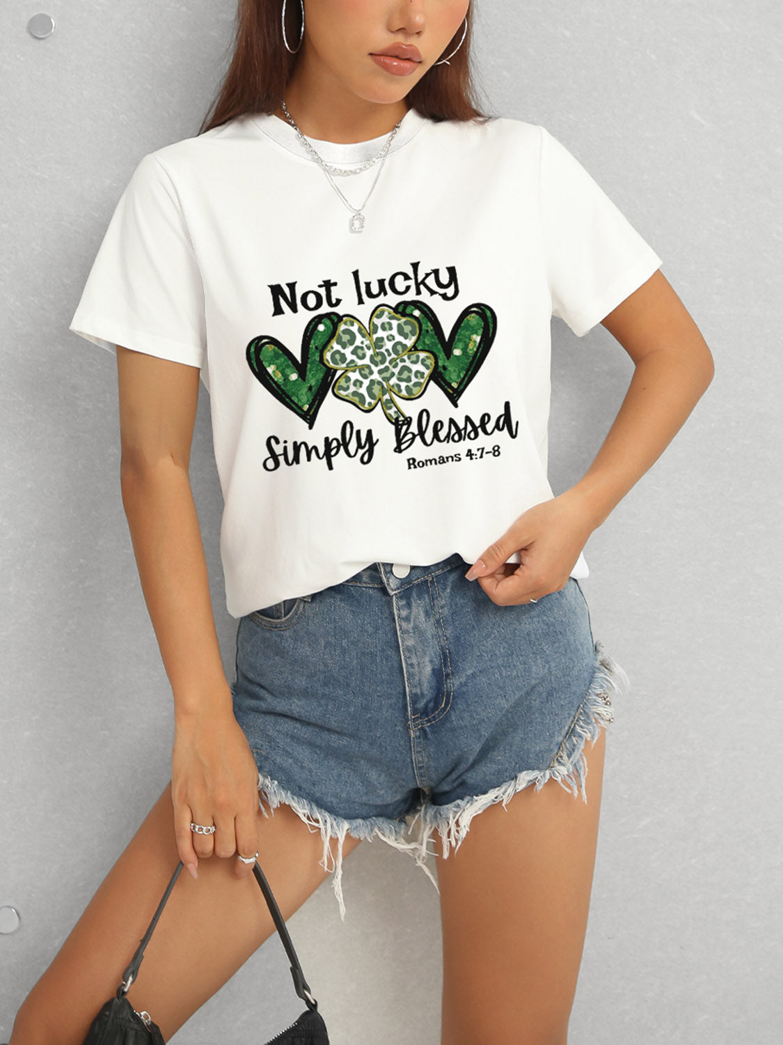 Lucky Clover Round Neck Short Sleeve T-Shirt-Angel Casuals