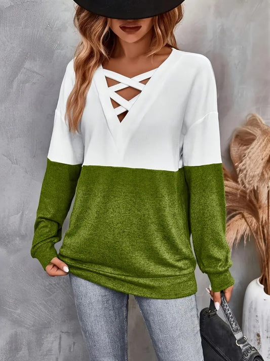 Contrast Crisscross V-Neck Long Sleeve Top-Angel Casuals