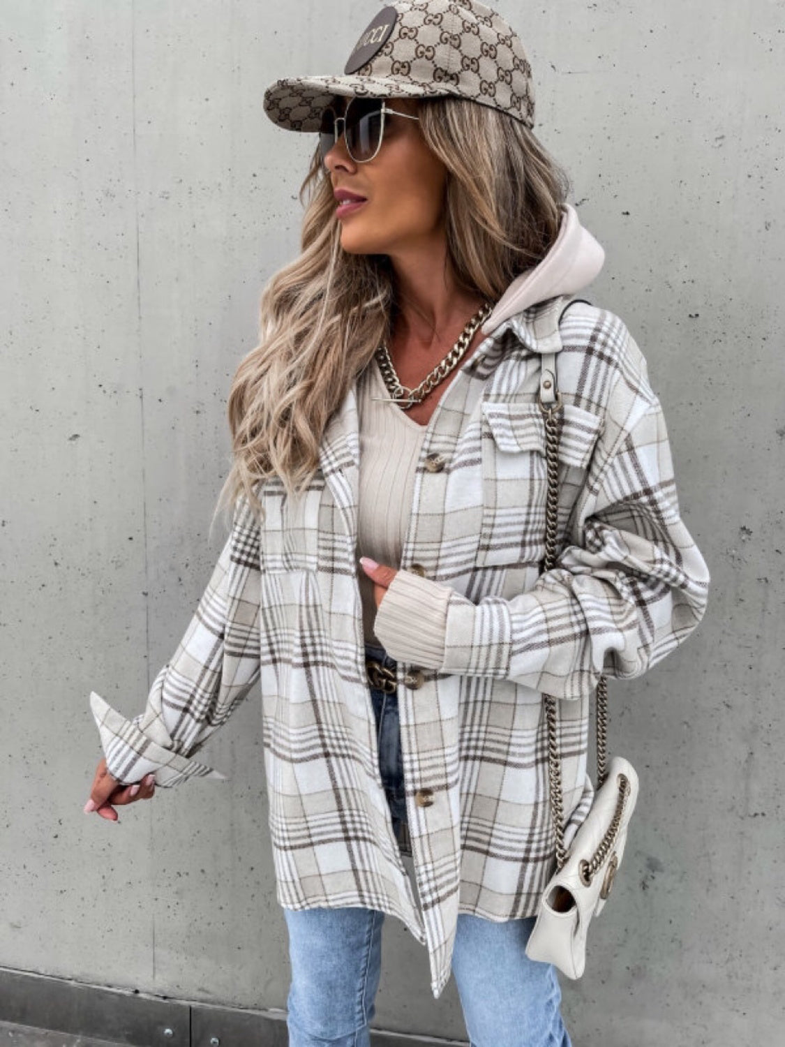 Plaid Dropped Shoulder Hooded Jacket-Angel Casuals