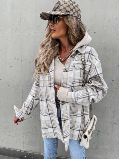 Plaid Dropped Shoulder Hooded Jacket-Angel Casuals