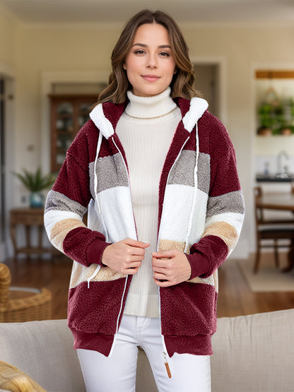 Full Size Drawstring Color Block Zip Up Hooded Outerwear-Angel Casuals