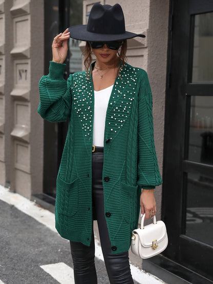 Perfee Pearl Detail Cable-Knit Button Up Cardigan-Angel Casuals