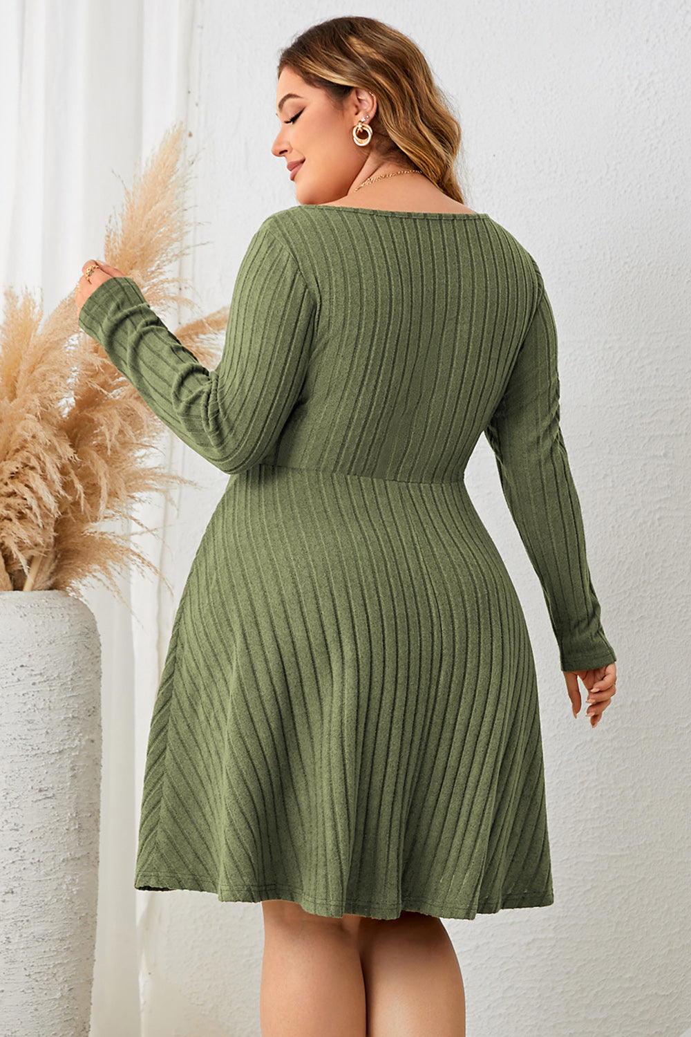 Plus Size Sweetheart Neck Long Sleeve Ribbed Dress-Angel Casuals