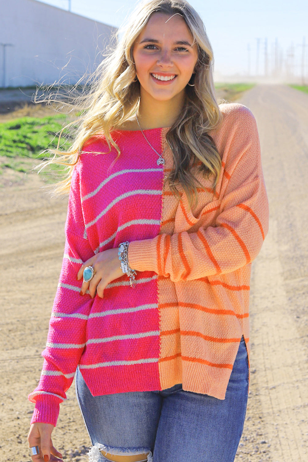 Striped Pocketed Dropper Shoulder Sweater-Angel Casuals