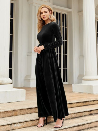 Tie Front Round Neck Long Sleeve Maxi Dress-Angel Casuals