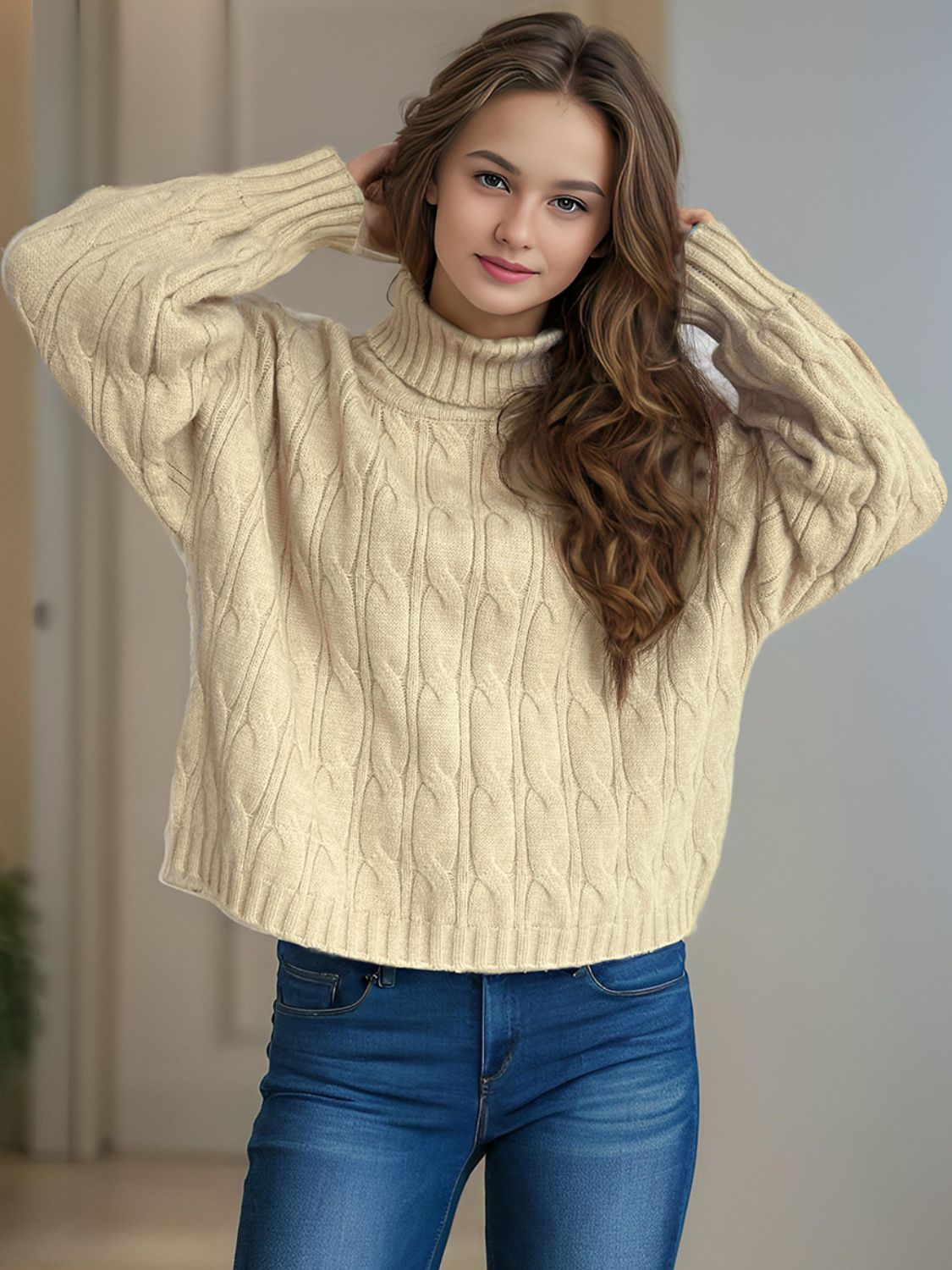 Cable-Knit Turtleneck Long Sleeve Sweater-Angel Casuals