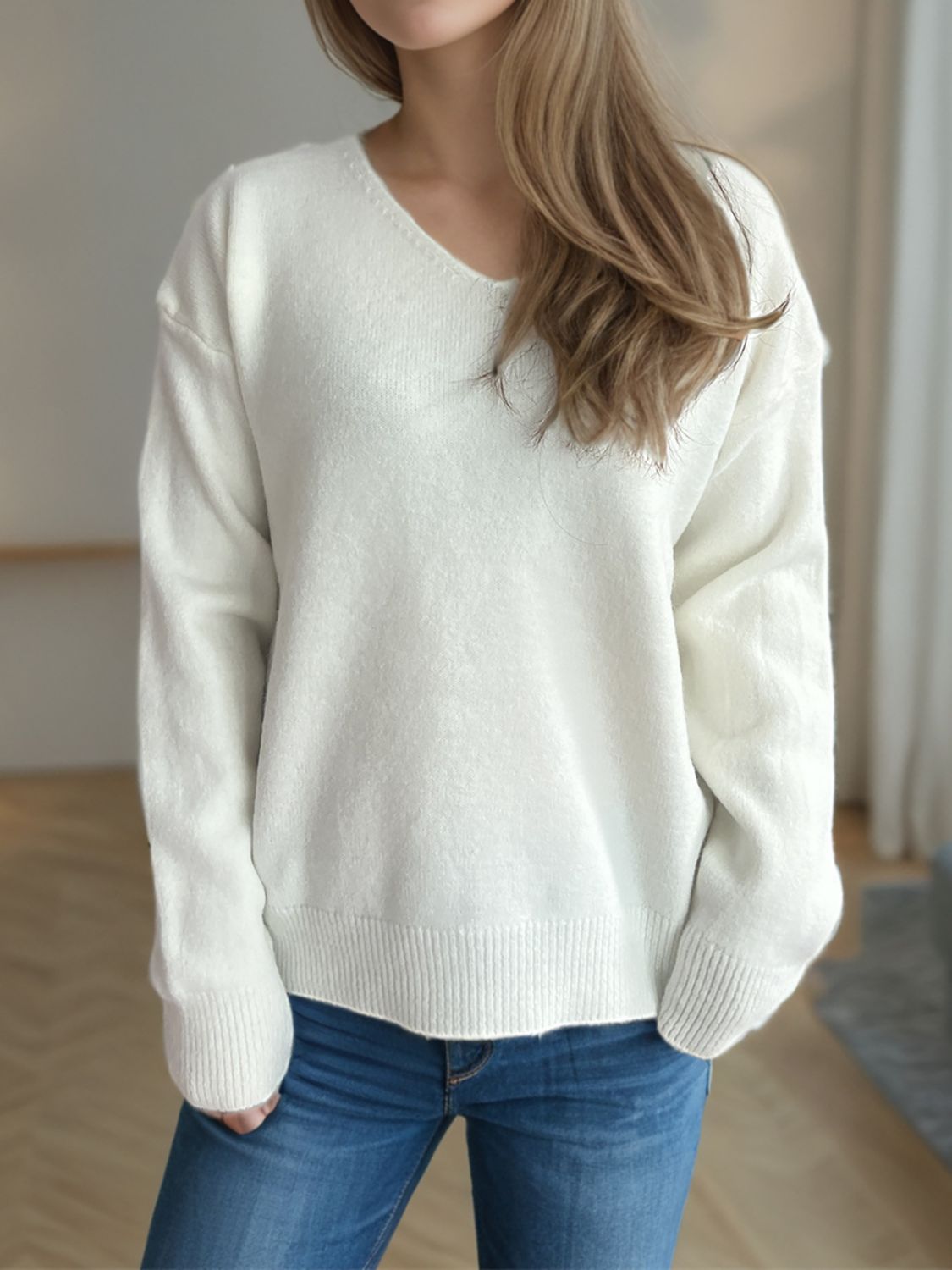 V-Neck Dropped Shoulder Long Sleeve Sweater-Angel Casuals