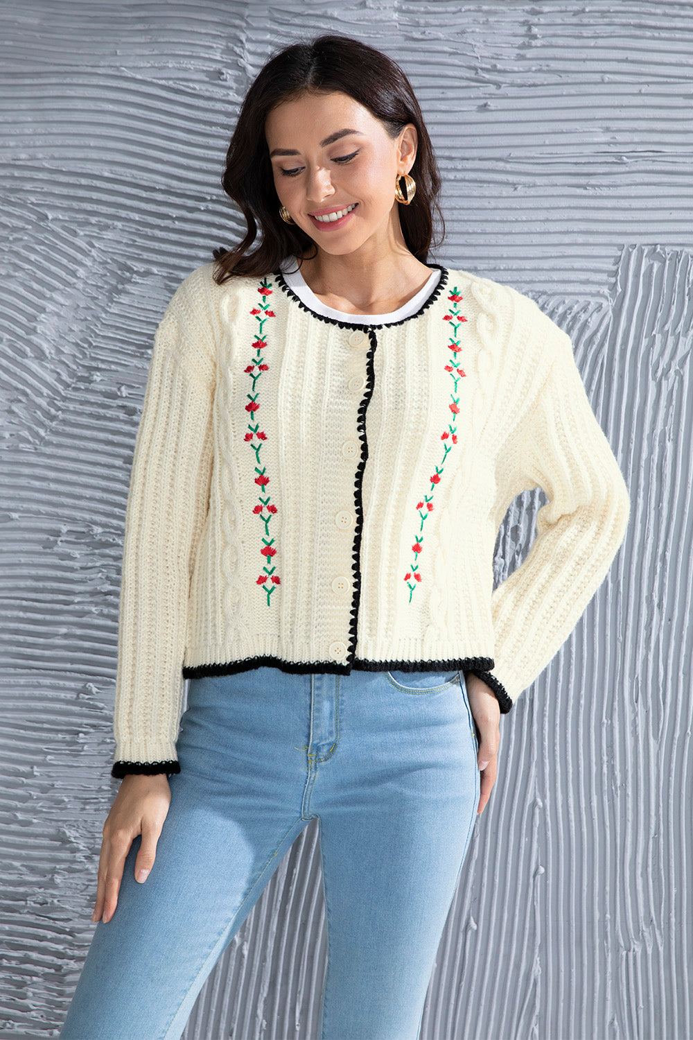 Graphic Cable-Knit Button Up Cardigan-Angel Casuals