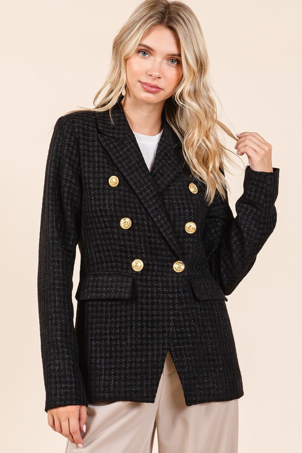 Mittoshop Plaid Texture Double-Breasted Long Sleeve Blazer-Angel Casuals