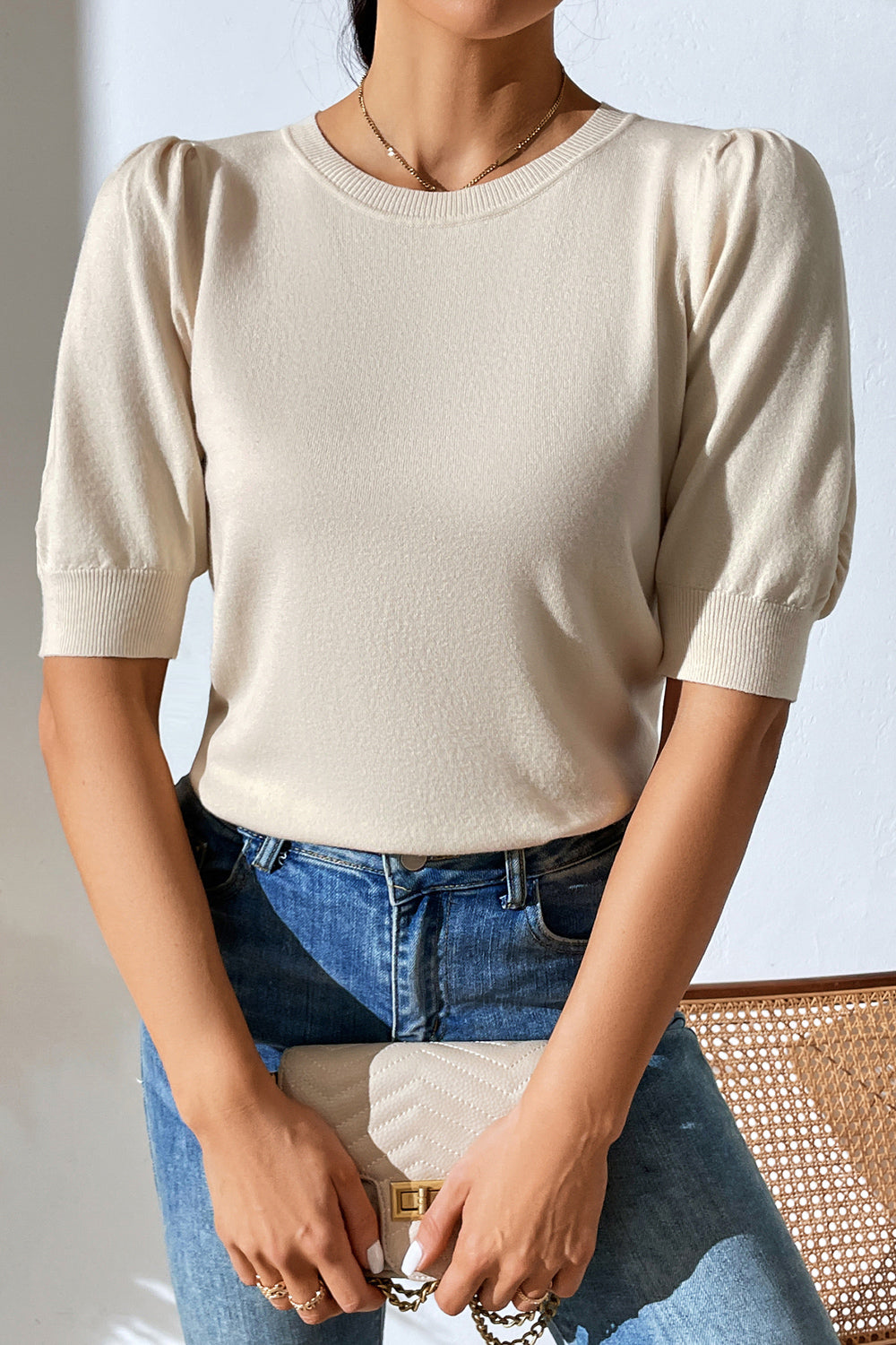 Round Neck Puff Sleeve Knit Top-Angel Casuals