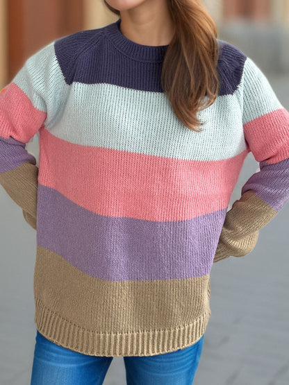 Color Block Round Neck Long Sleeve Sweater-Angel Casuals