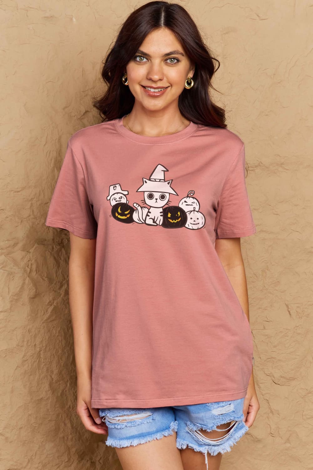 Simply Love Full Size Cat & Pumpkin Graphic Cotton T-Shirt-Angel Casuals