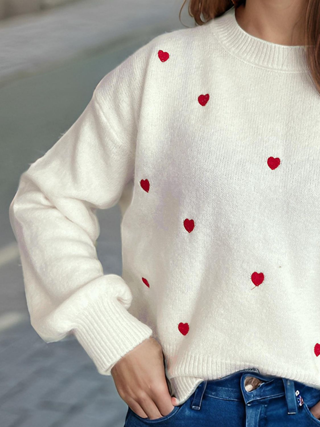 Heart Round Neck Long Sleeve Sweater-Angel Casuals